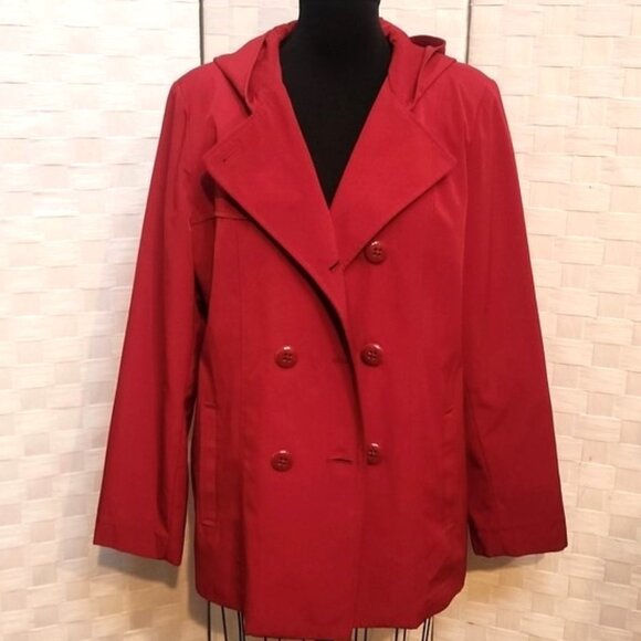 Red Double-Breasted, Hooded All-Weather/Raincoat - Croft & Barrow - Size Large - Picture 4 of 13